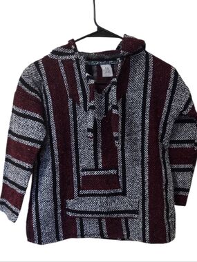 Kids Baja Hoodie Mexican Blanket Pullover Striped Red Black White Handmade